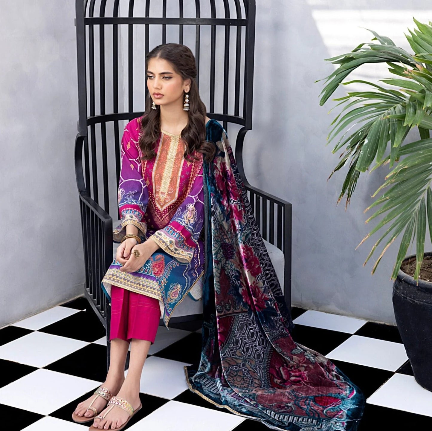 Regalia 3PC Printed Linen Suit With Palachi Shawl-ST-LP006