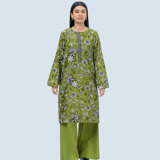 Beechtree 2PC Printed Cotton Satin Suit - Olive Meadow | ST-1001032