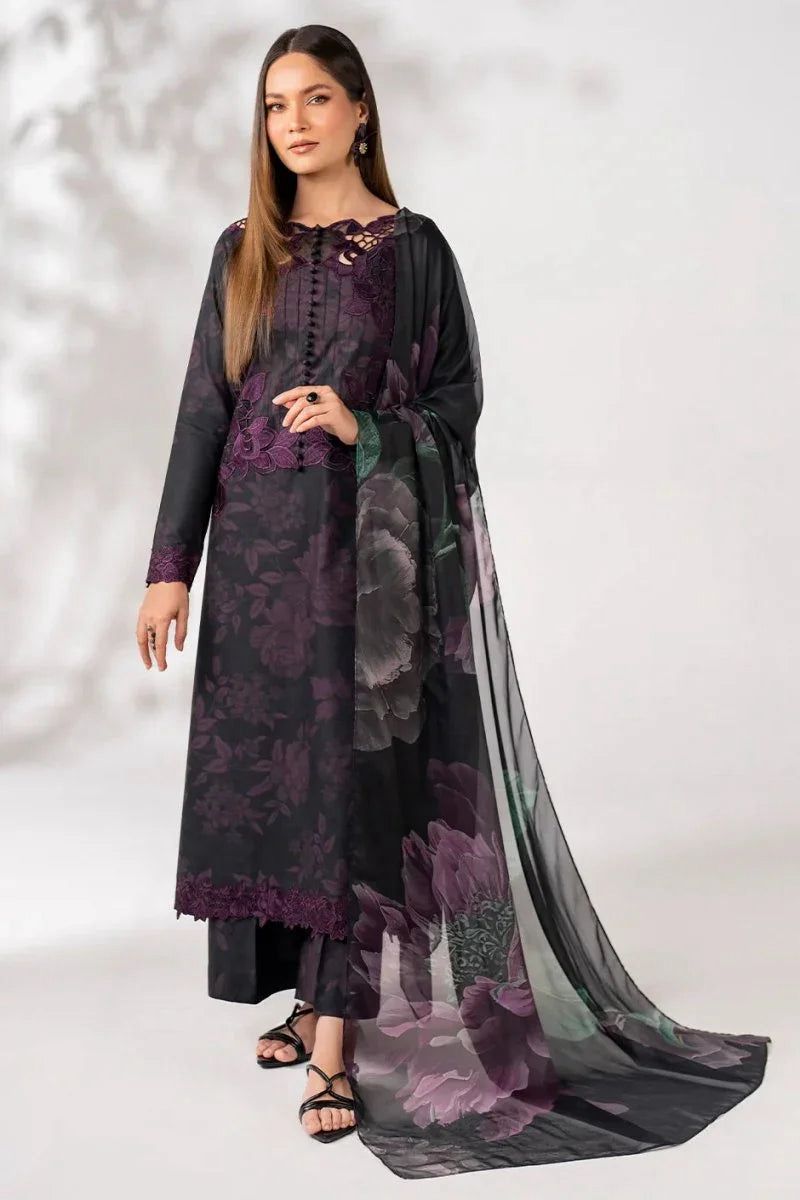 Iznik 3PC Printed Linen Suit With Embroidered Patches| IPLE-1001