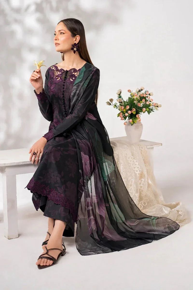 Iznik 3PC Printed Linen Suit With Embroidered Patches| IPLE-1001