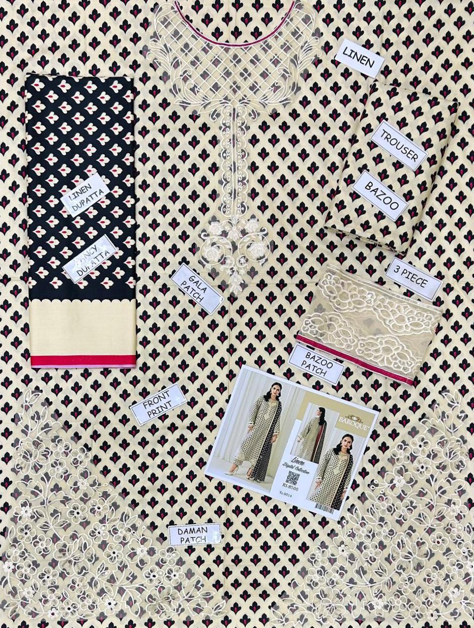 Baroque 3PC Linen Suit With Embroidered Patches | 87681