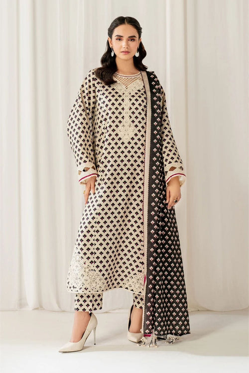 Baroque 3PC Linen Suit With Embroidered Patches | 87681