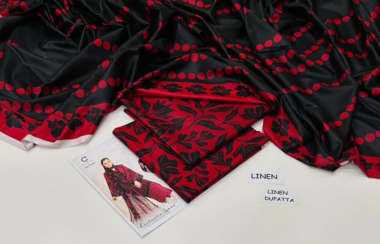 Crimson 3PC Printed Linen Suit | IPL-1006