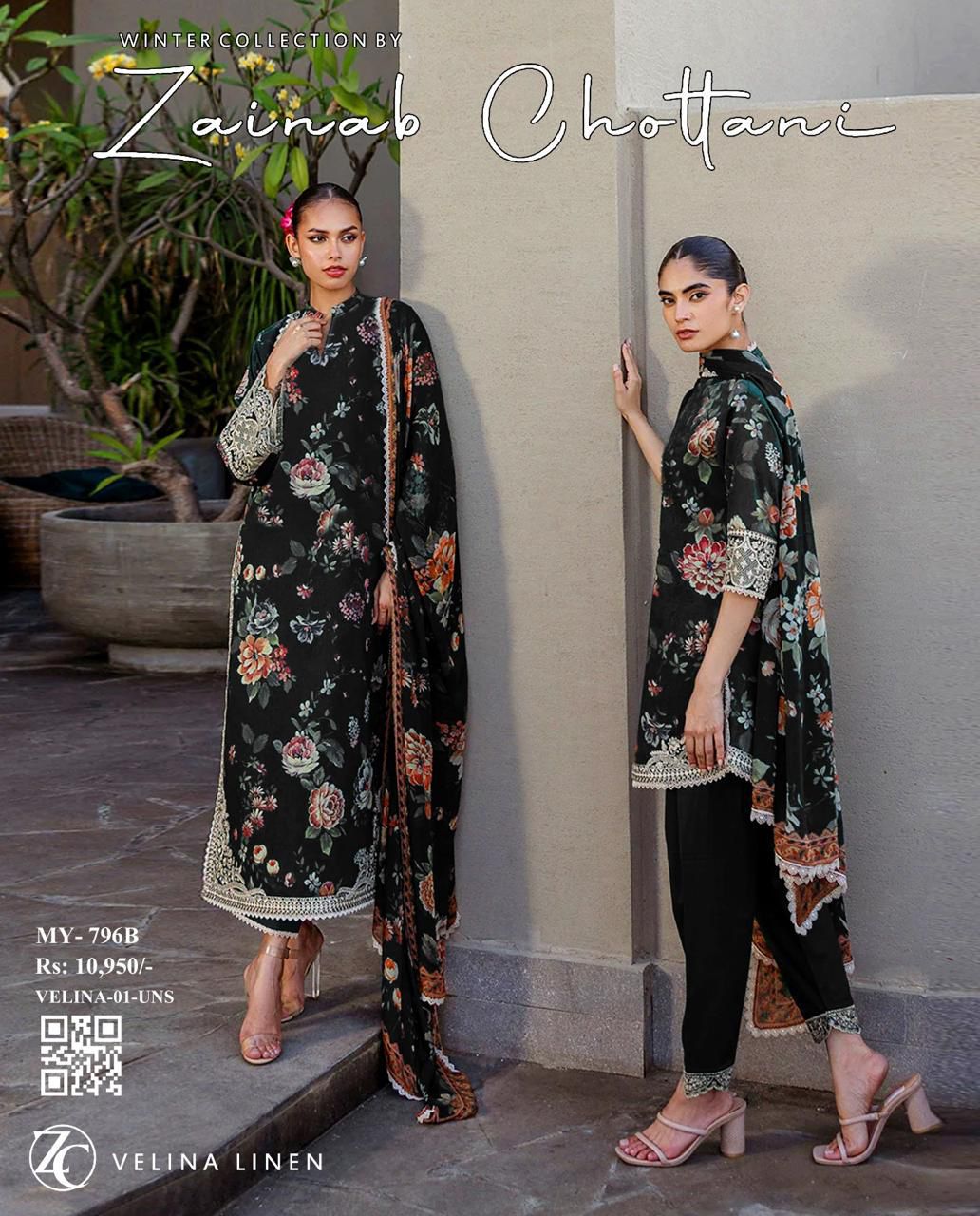 Zainab Chottani 3PC Printed Linen Suit | IPL-10012