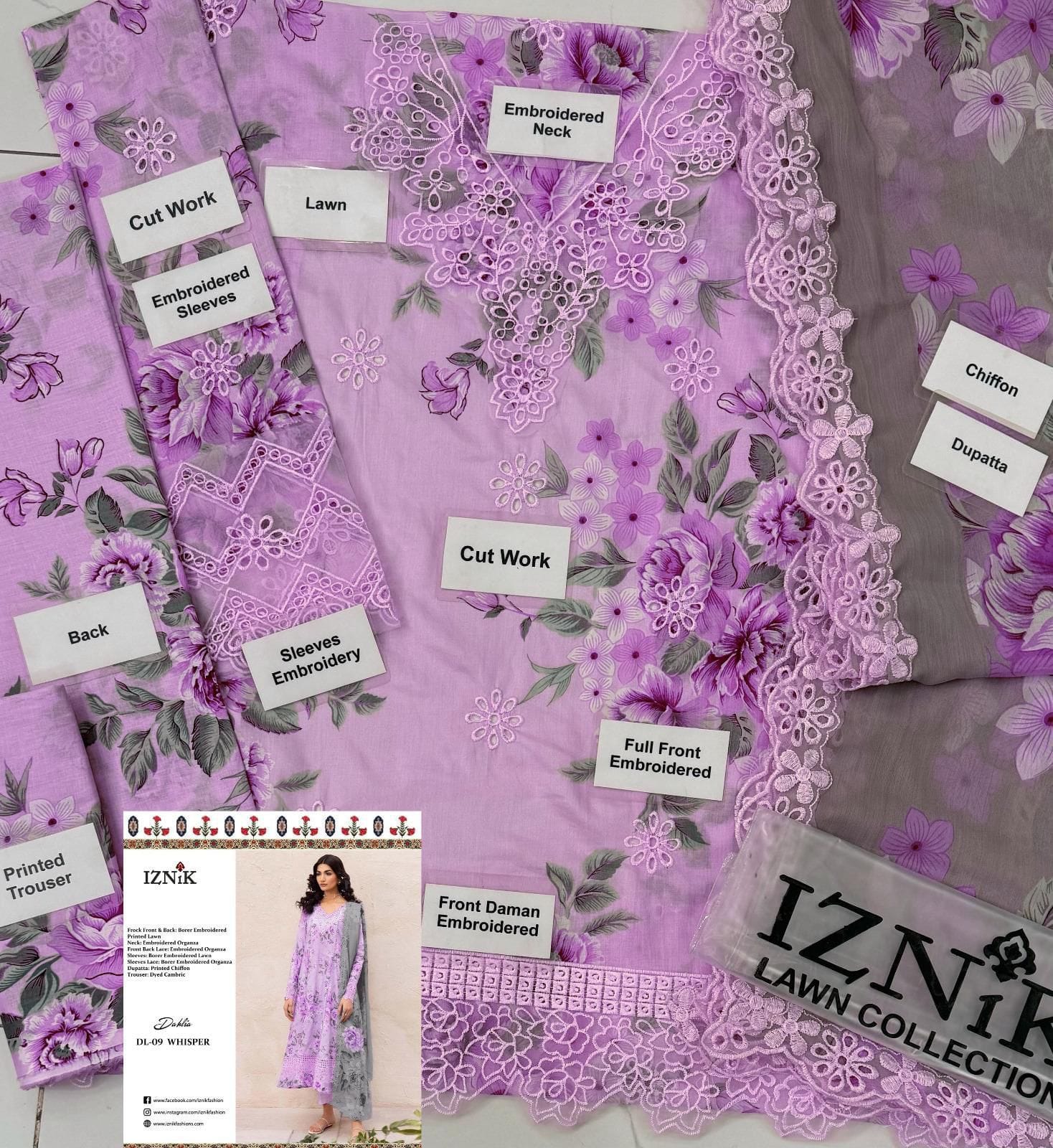 Iznik 3PC Fully Embroidered Chickenkari Suit With Four Side Lace Dupatta | IFECS-01